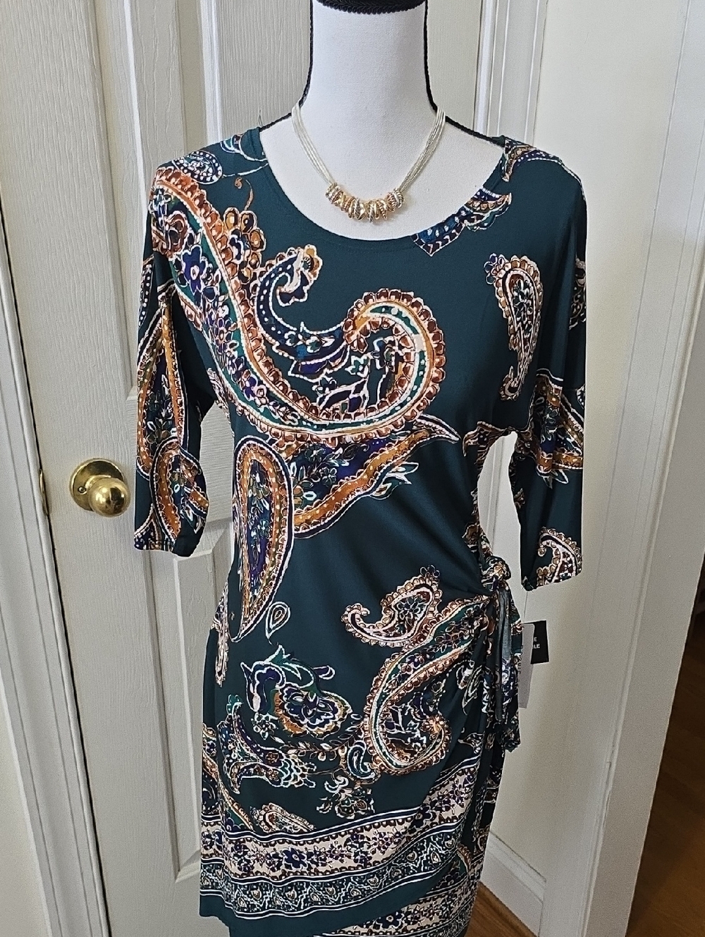ROBBIE BEE WOMEN'S PETITE GREEN PAISLEY 3/4 SLEEVES FAUX WRAP DRESS SIZE PM